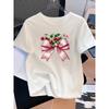 Womens Black Casual Short Sleeve TShirt with Pink Bow Cherry Blossom Print Summer Short Sleeved Tops Tees