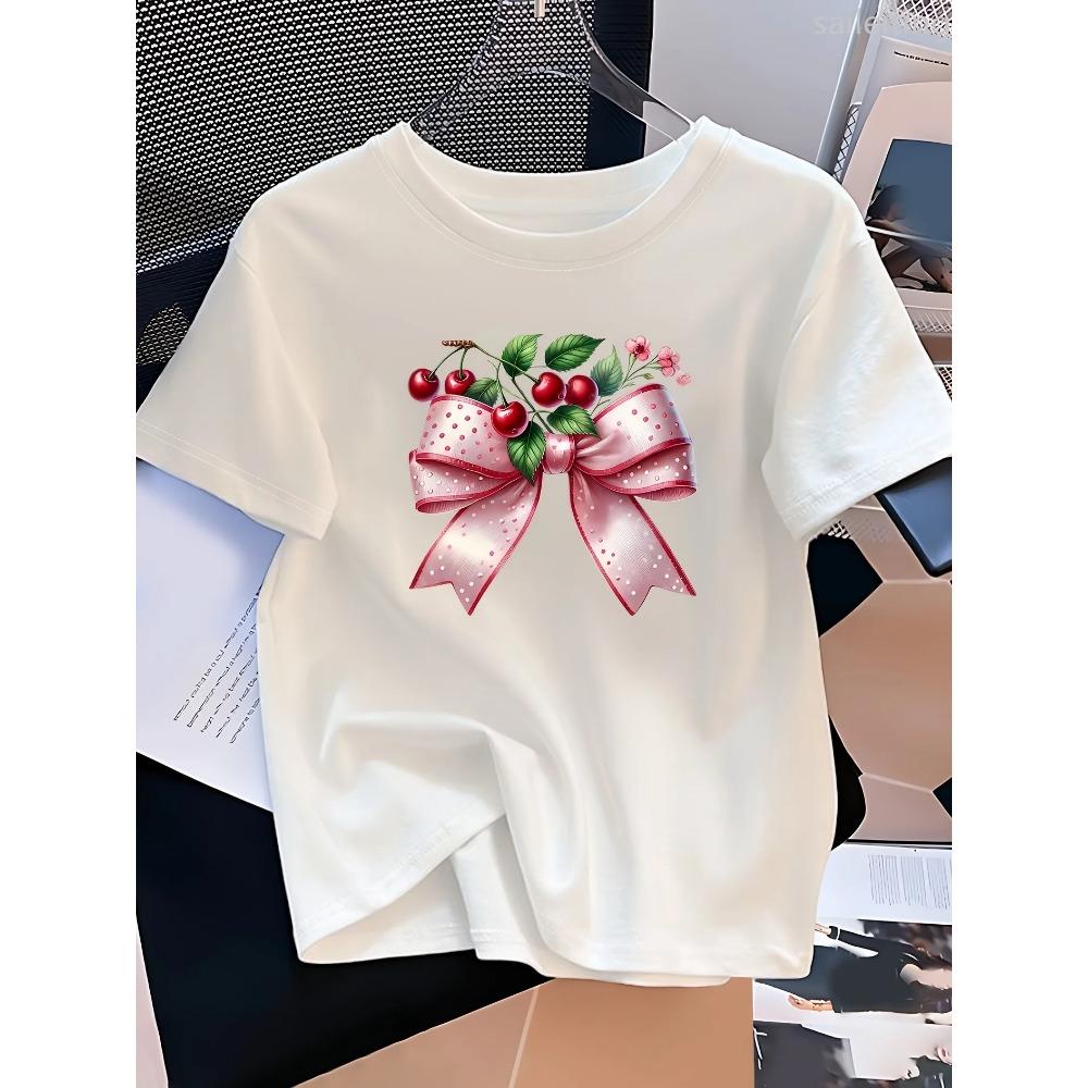 Womens Black Casual Short Sleeve TShirt with Pink Bow Cherry Blossom Print Summer Short Sleeved Tops Tees