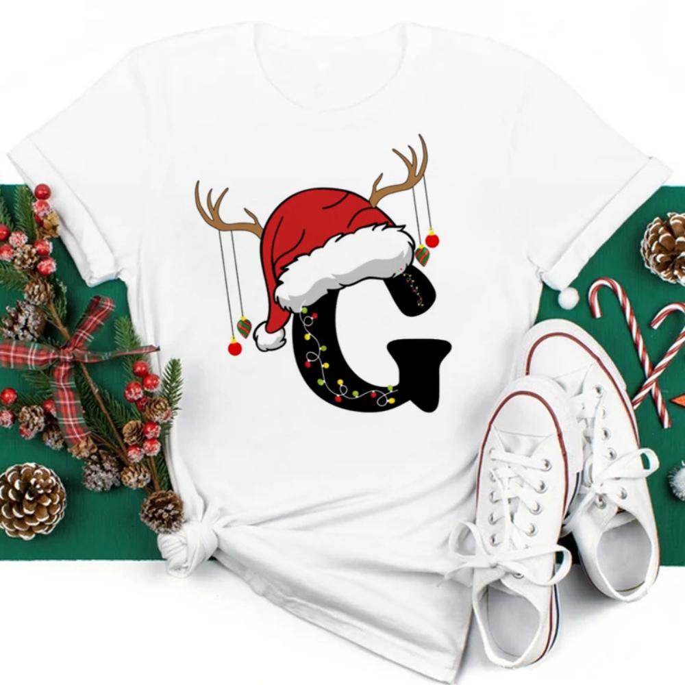 Christmas Hat A To Z Letters Tshirt Christmas Family Activity Sleeved Streetwear Harajuku Short Sleeve Casual Aesthetic Clothes