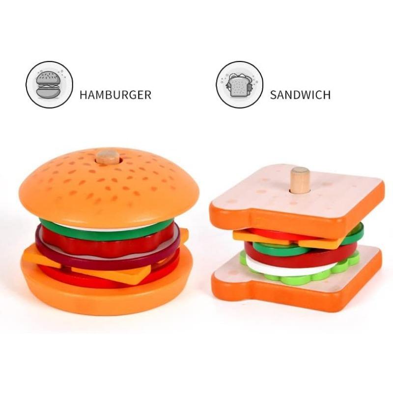 Montessori Toys, Wooden Burger Sandwich Sorting and Stacking for Toddlers, Preschool, Burger Sand Switch, Wooden Preschool, 4/5 Years Old (2 Sets)