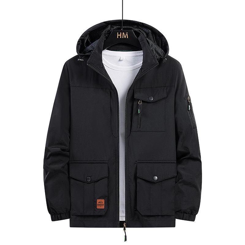 Mens Spring Autumn Outdoor Casual Windproof Baggy Jacket Men Waterproof Detachable Hat Multiple Pockets Trench Coats
