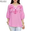 ZANZEA Women Casual V-Neck Loose 3/4 Sleeve Blouse