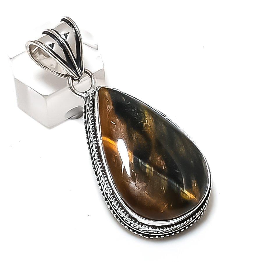 Tiger Eye Gemstone Handmade 925 Sterling Silver Jewelry Pendant 2.05" H8D32