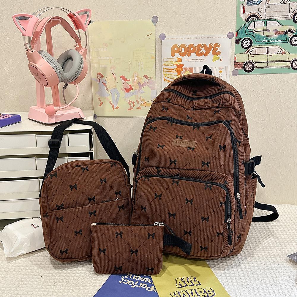 

Three Piece Set Japanese Ins Bow Backpack Corduroy Large Capacity College Style Backpack Versatile Commuting Backpack