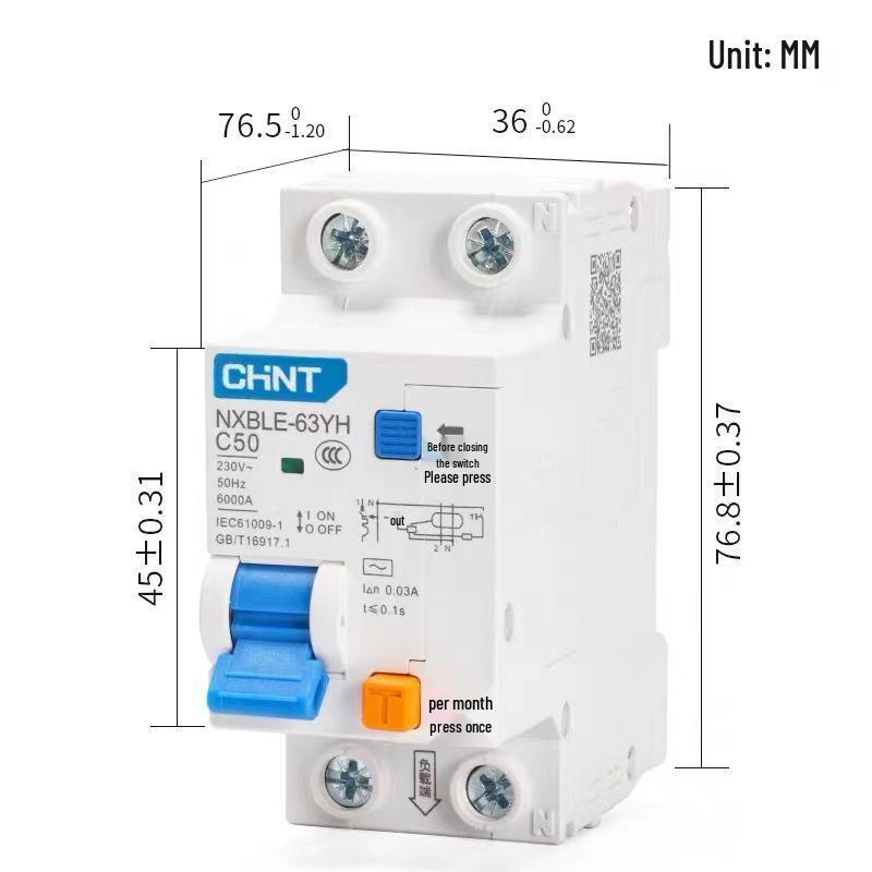 

CHINT NXBLE-63YH 40A/63A Residual Current Circuit Breaker, 1P+N, 2P Dual Position Air Switch for Household Use. 1P+N C20 30mA