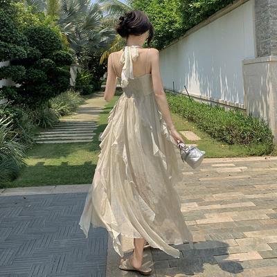 Ladies Summer Halter Temperament Pearl Sleeveless Holiday Sweet Long Dress