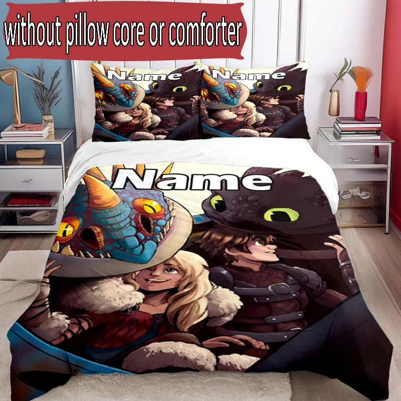 3pcs Duvet Cover Set (1*Duvet Cover + 2*Pillowcase, Without Core), Custom Name How to Train Your Dragon Pattern Bedding Set, Home Bedroom Decor Gift