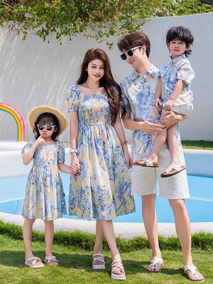 Elegant French Family Vacation Set: High-End Summer Floral Dresses and Shirts for Mother, Daughter, and Child.