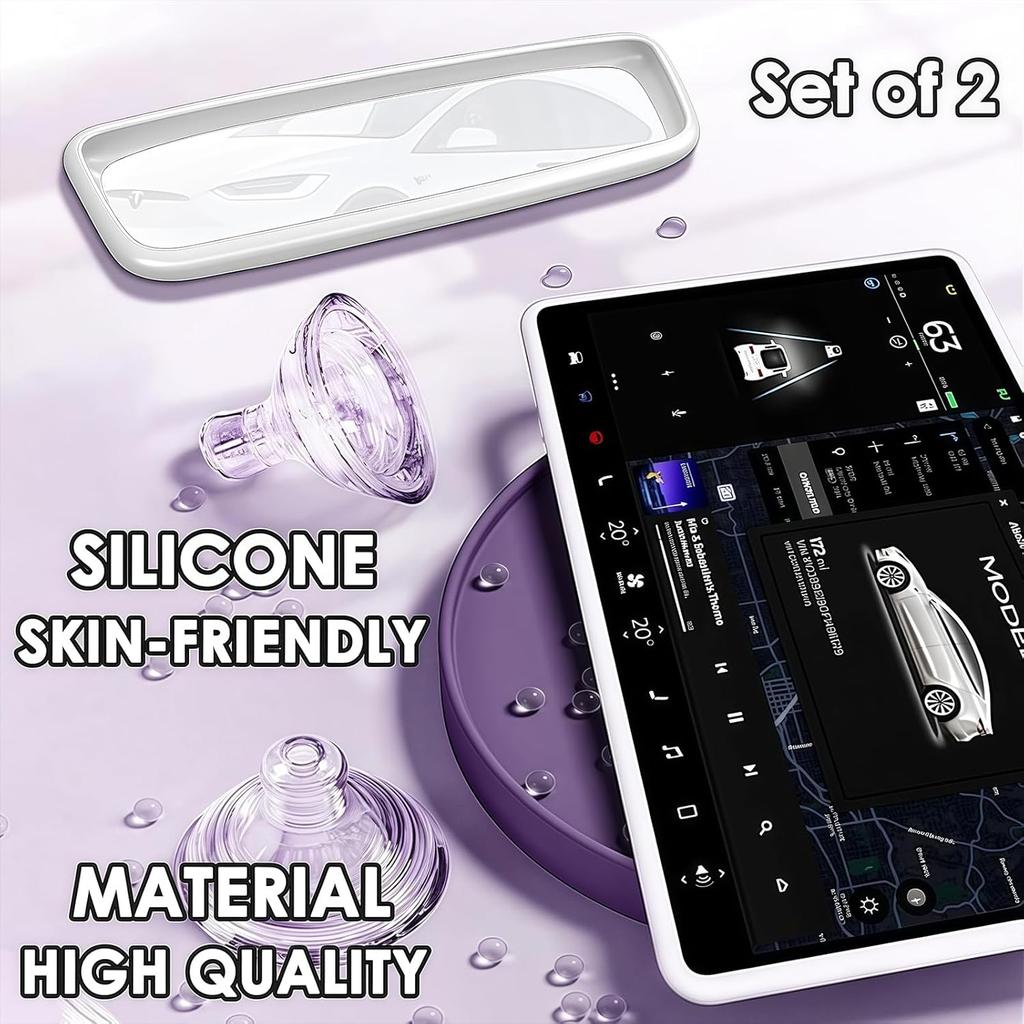 2PCS Protector Trim Frame Compatible With Tesla Model 3 Y -2024 2026 Screen Edge Frame Rearview Mirror Cover Interior Silicone Decorations Center