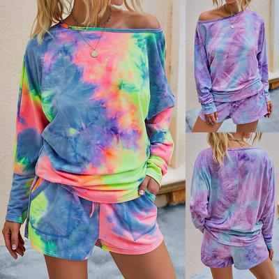 Women's Tie-Dye Print Long Sleeve O-Collar Pullover Leisure Tops + Shorts Set