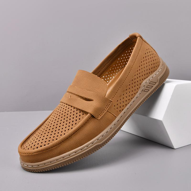 

Мужские повседневные туфли из перфорированной кожи, слипоны, летние мокасины 44 жёлтый/коричневый