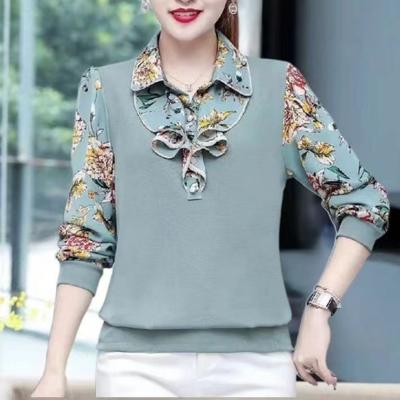 High-end Lotus Leaf Collar New Printed Bottoming Shirt Fashionable Mother Slim Long Shirt Loose and Age-reducing Women Top