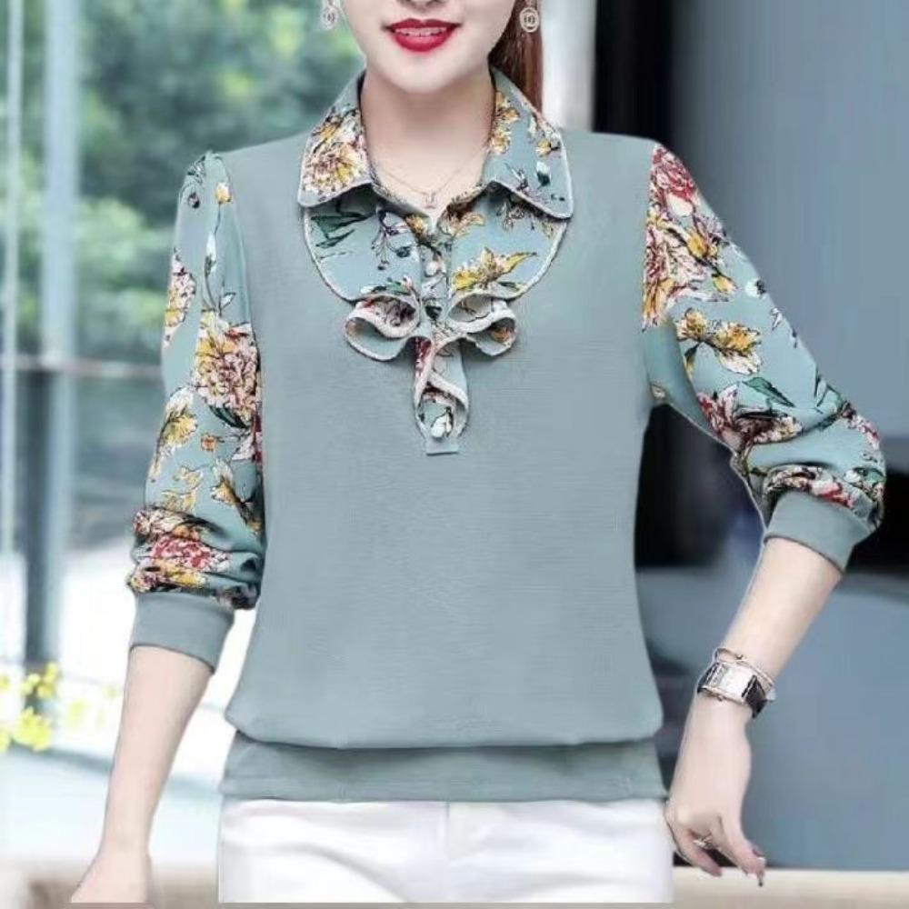 

Высококачественная блузка с воротником «лепесток лотоса», новая, с принтом, модная, приталенная, длинная, свободная, омолаживающая женская блузка XL зелёный