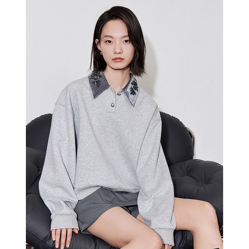Women's Sequin Embroidered Polo Collar Short Sweatshirt
