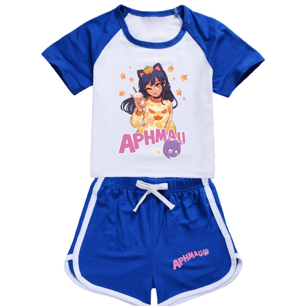 

4281 2pcs/set Children Girls APHMAU Printed Short Sleeves Top Pants Sport Tracksuit Set 150cm синій