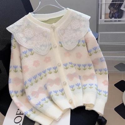 Doll Collar Sweater Coat Knitted Cardigan Women Spring and Autumn 2022 New Hot Style Age-reducing Lace Long-sleeved Sweater Top