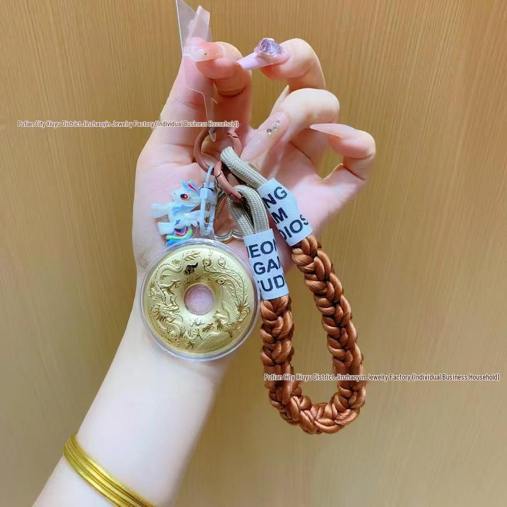 Pure Gold Dragon & Phoenix Pendant Phone Chain - Perfect Mid-Autumn Festival Gift for Elders