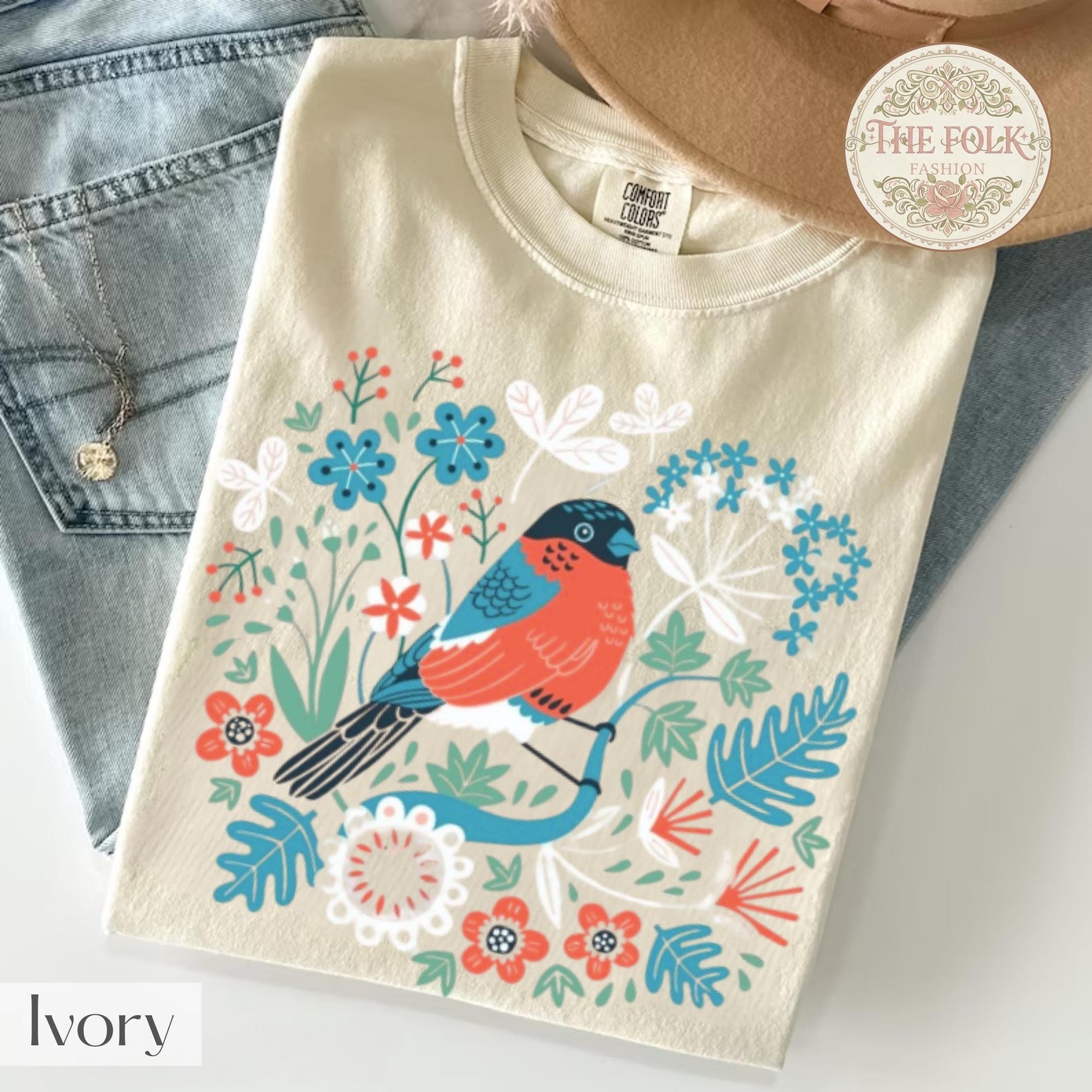 Scandinavian Bird Folk Art Shirt, Aesthetic Wildflower Floral Tee, Bird Lover Gift for Her, Comfort Colors Nordic Botanical Nature Tshirt S