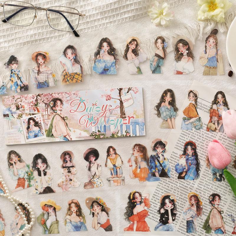 1book/20pcs Youthful Cartoon Girl Stickers, Cute Teenager Designs Smooth Surface, Easy to Peel for Handmade Cards