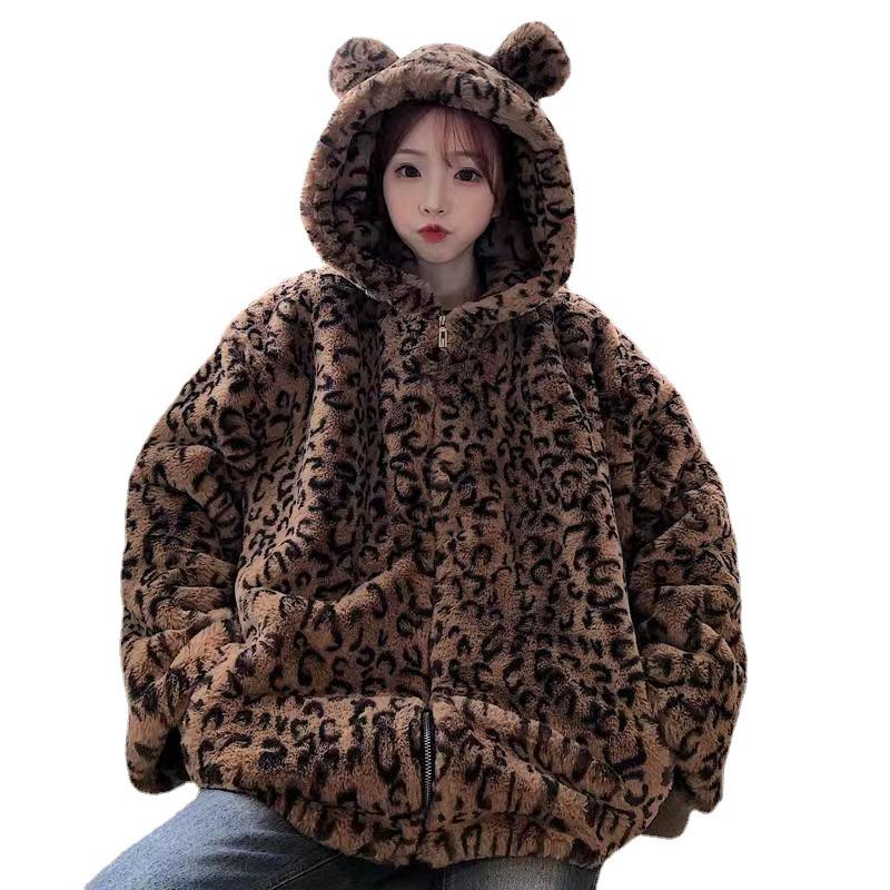 Leopard Print Furry Hooded Cardigan Jacket for Women - Autumn/Winter Casual Cute Design