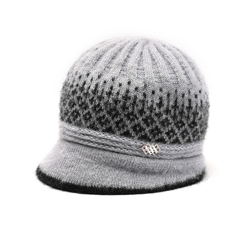 Hat Women's Autumn and Winter New Big Brim Wool Hat Old Lady Fleece Warm Ear Protector Knitted Hat