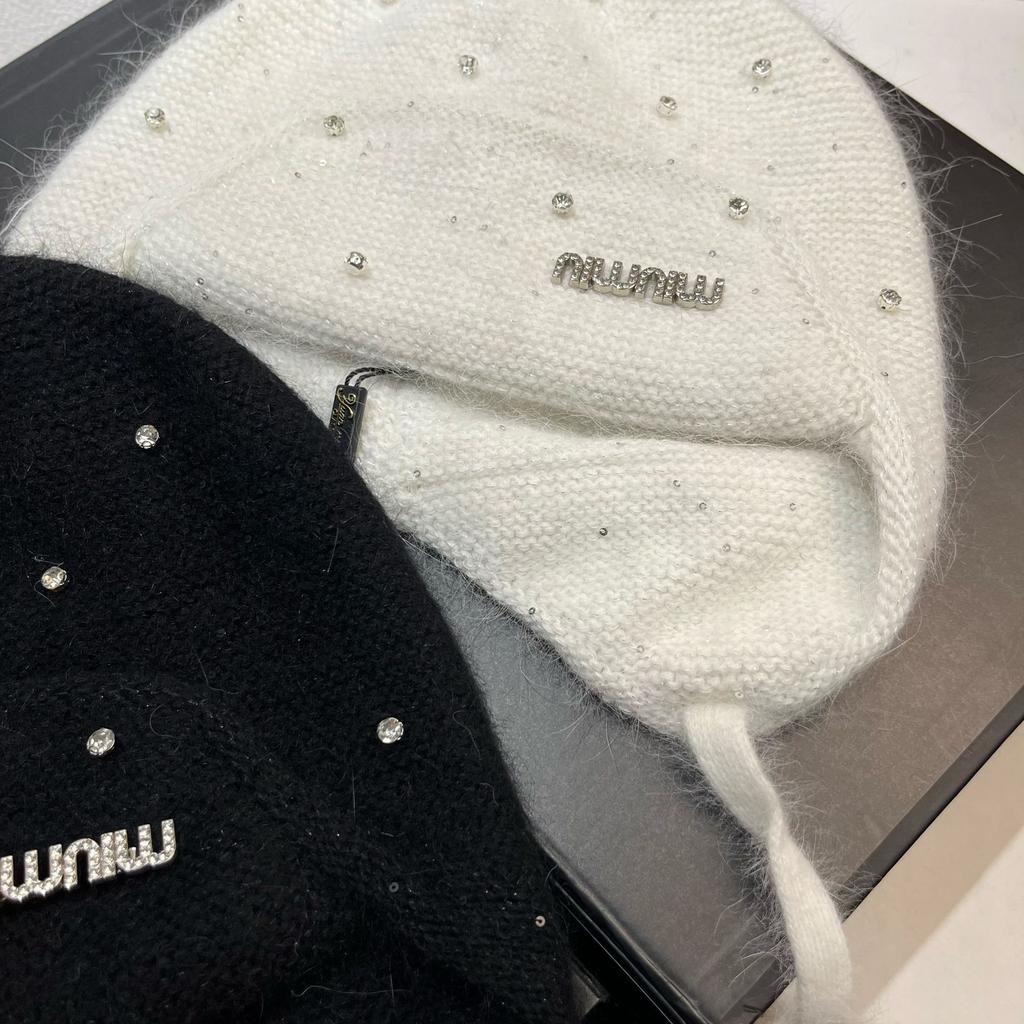 Light Luxury Rhinestone Min Rabbit Hair Knitted Hat Winter Outdoor Double-Layer Thermal Ear Protection Hat Celebrity Style Bag Head Hat