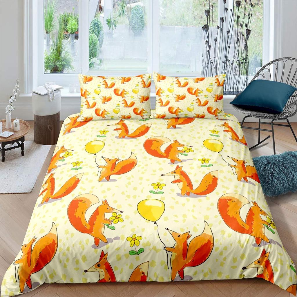 Comforter Fox Girls Cartoon Fox Bedding Set Lovely Animal Theme Comforter For Kids Teens King