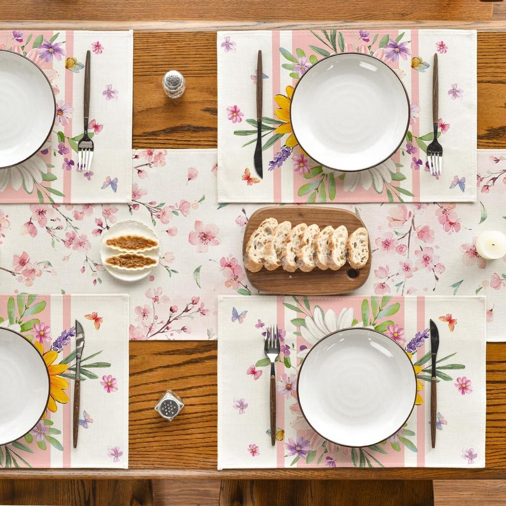 Pink Daisy Leaf Spring Placemats Set of 4, 12x18 Inch Seasonal Summer Holiday Pastoral Table Mats for Party Kitchen Dining Decoration