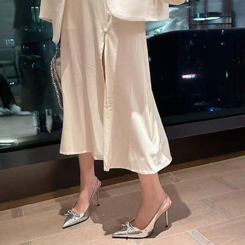 Hot Selling 2025 Summer Beige Heeled Sandals Comfort Shoes for Women Pointed Spring Low Elastic Band New Bow High Closed Rhine