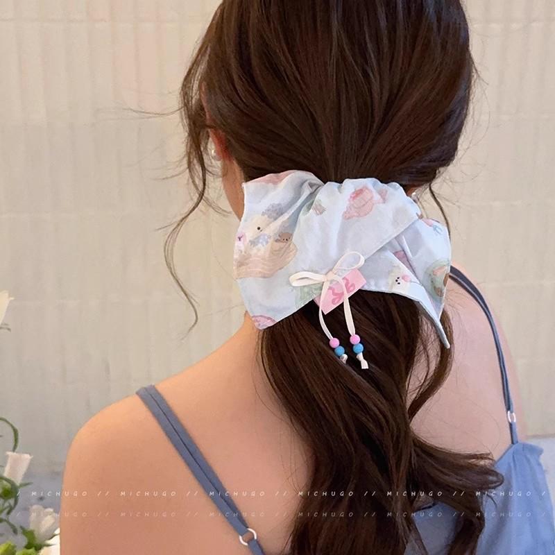 Sweet Bow Striped Square Towel Large Intestine Hair Band Women's High Elastic Ponytail Rubber Band Hair Rope Cute Headrope Hair Accessories