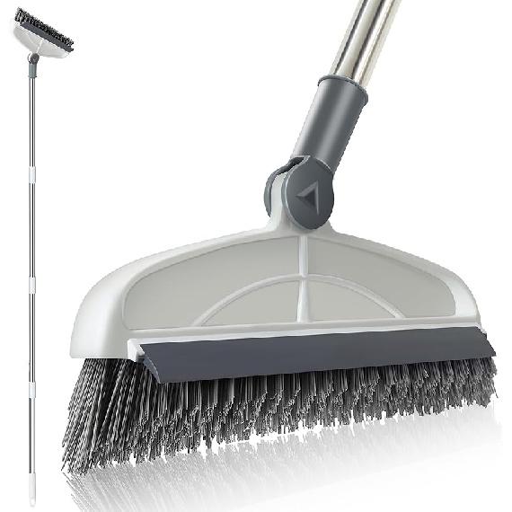 Grout Cleaning Brush with Long Handle, Stiff Brush, Swivel Hard Bristle Brush, 2 in 1 Scrub Brush with Scraper, Tapered Bristles Grouting Line Brush,