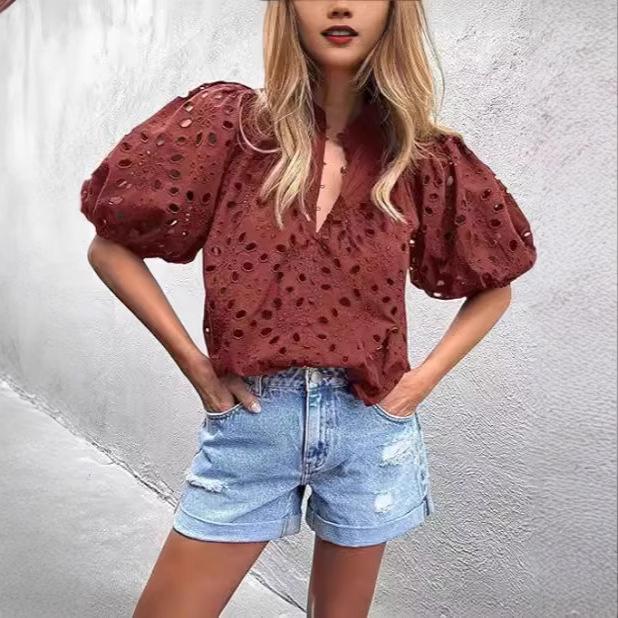 Women's V-Neck Lace Embroidery Lantern Sleeve Summer Top