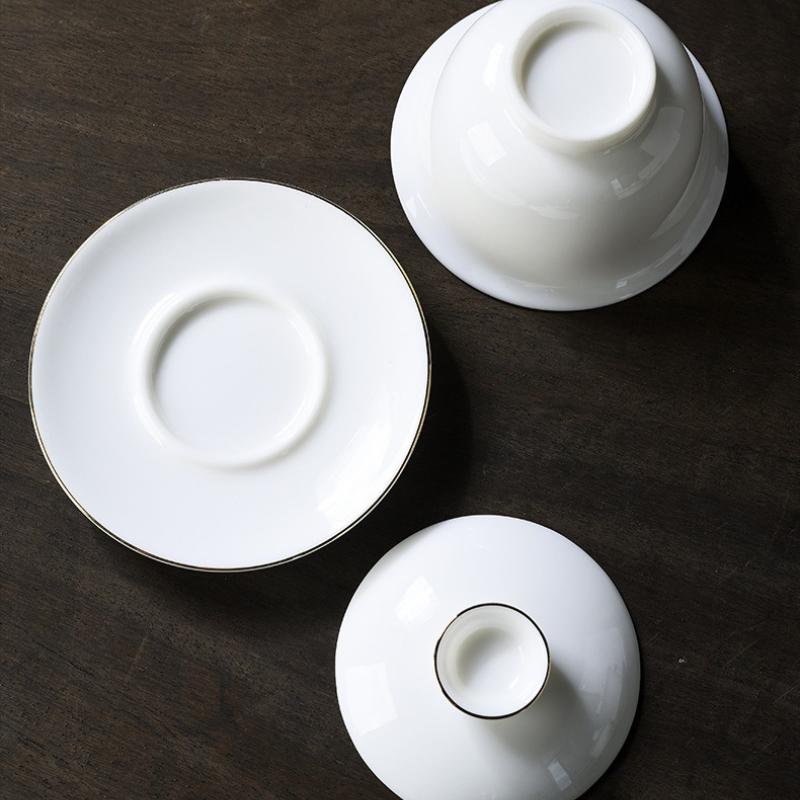 White Porcelain Gaiwan Tea Bowl Set With Lid Saucer Jade Like Ceramic Kung Fu Teacup For Home Office Brewing