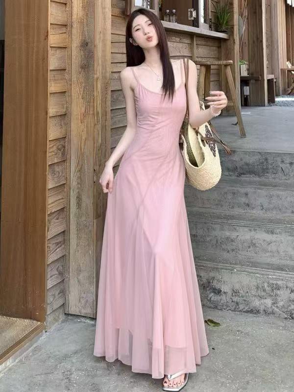 French Pink Suspender Skirt Sleeveless Dress Women's Summer Mesh Yarn Waist Temperament Seaside Vacation Long Skirt