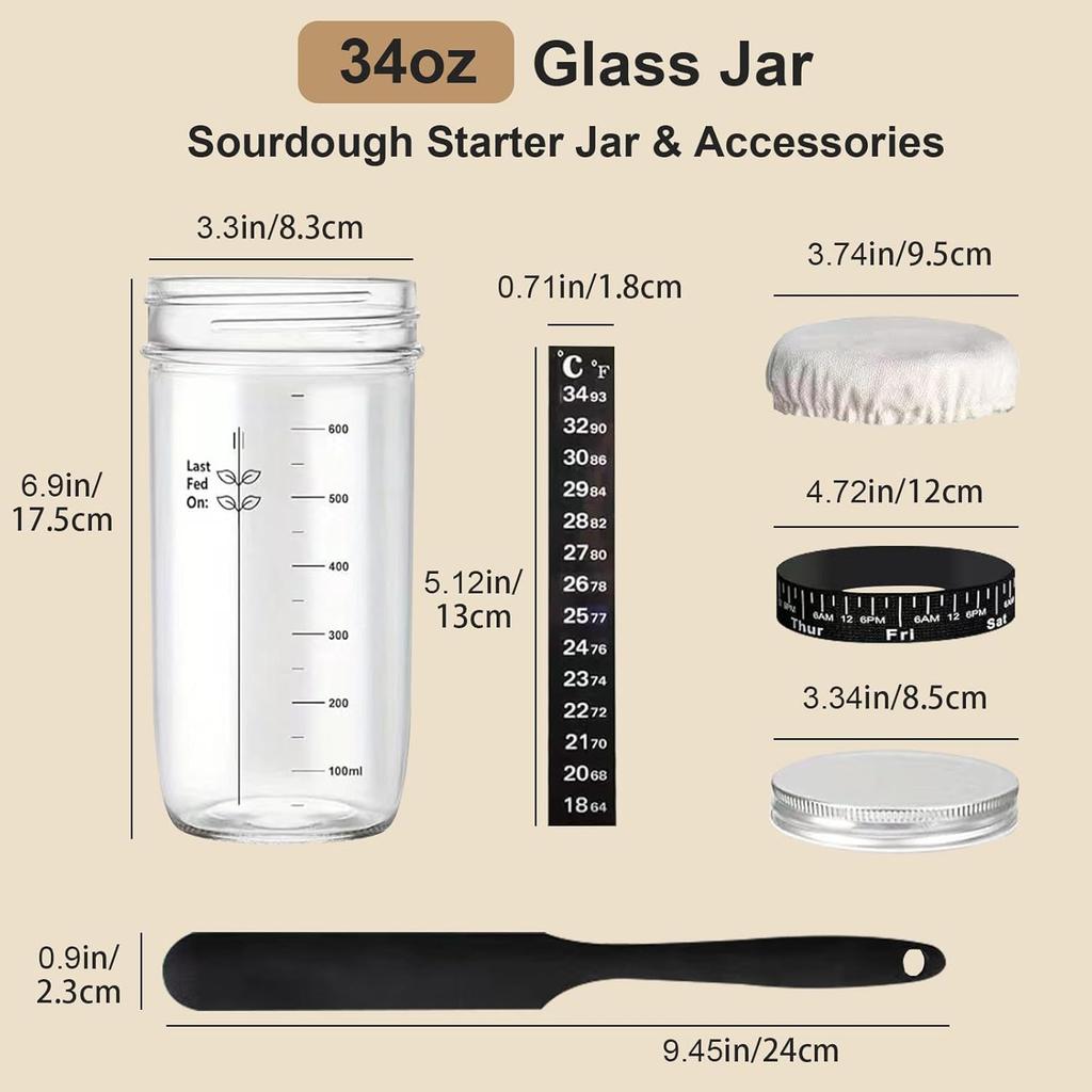 Sourdough Starter Warmer and 34oz Glass Sour Dough Starter Jar Kit Set, 1°F Precise Temperature Control From 70 to 100°F, 0-12H Timer Auto Warming