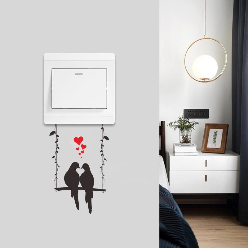 Adesivi per Interruttori Coppia di Uccelli su Altalena Cartone Animato Soggiorno Ingresso Parete di Casa Decorazioni Murali per San Valentino
