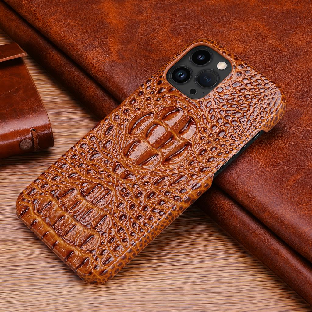 Genuine Cowhide Leather Case for IPhone 14 15 16 Pro Max Crocodile Skull Back Cover