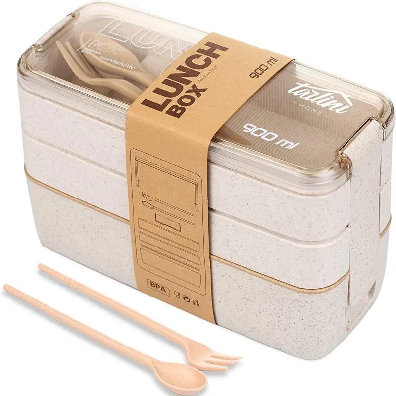 3-v-1 Přihrádkový pšeničný slámový bento box Opakovaně použitelný jídelní nádobí Nádoby na oběd Nádoby na jídlo a svačinu Přenosný obědový box