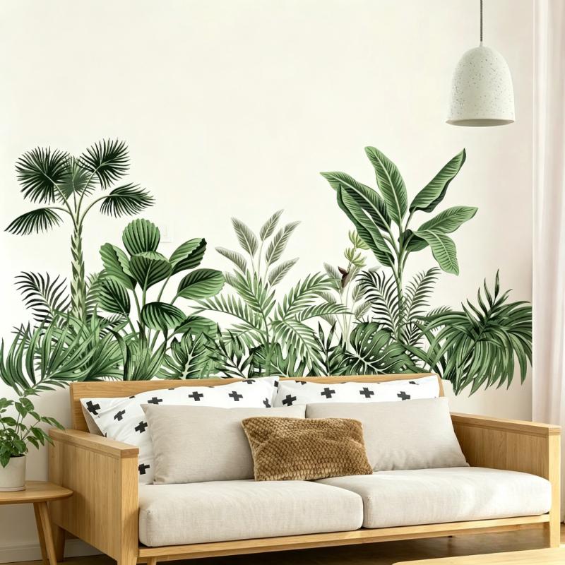 Tropical Plant Wall Decal with Monstera and Palm Leaves Large Green Jungle Themed Sticker for Living Room Bedroom and Nursery