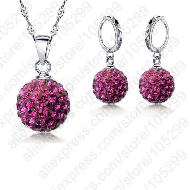 

Popular 925 Sterling Silver Jewelry Sets Full Crystals Disc Round Ball Pendant Necklace Hoop Earrings For Women Female фуксія