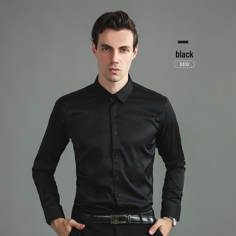 Men's Korean Style Slim Fit Solid Color Iron-Free Stretch Breathable Business Casual Long Sleeve White Shirt.