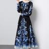 Autumn Women Vintage Print Designer Loose Runway Robe Long Maxi Holiday Party Dresses with Belt