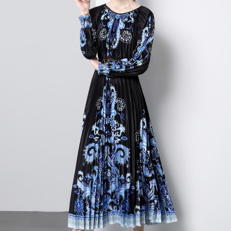 Autumn Women Vintage Print Designer Loose Runway Robe Long Maxi Holiday Party Dresses with Belt