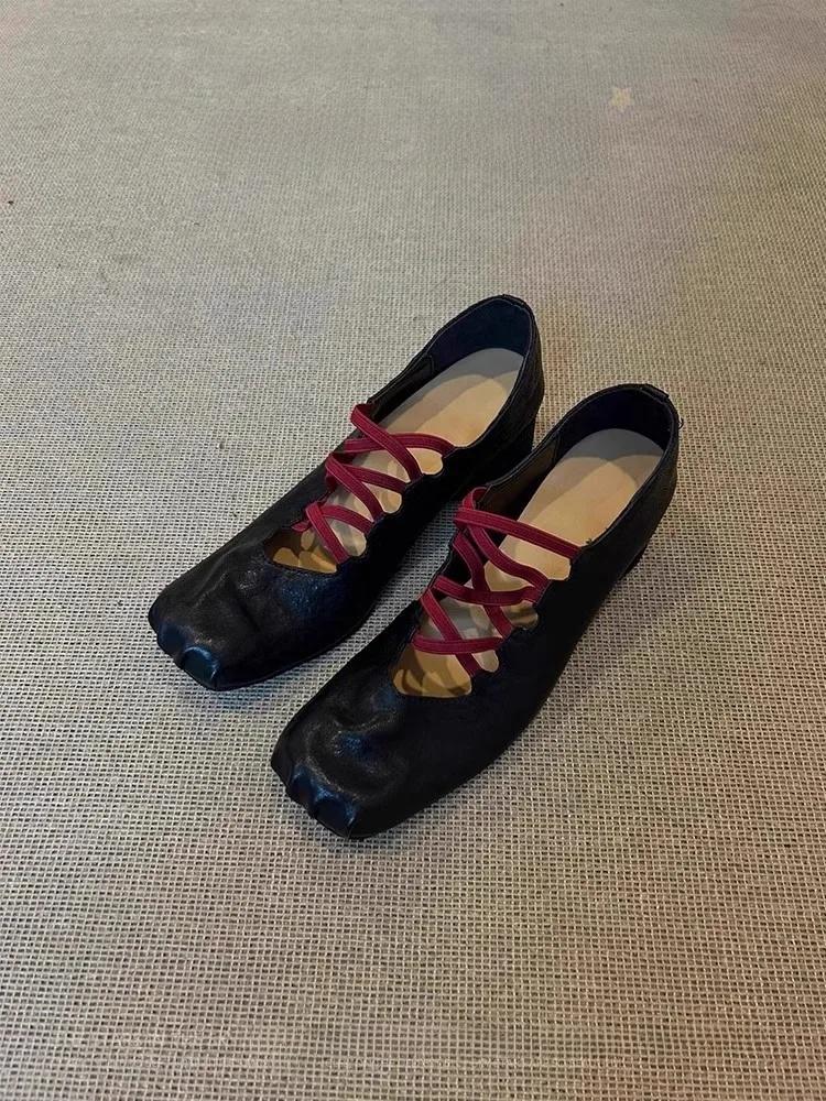 Retro Leather Version Cross Strap Ballet Flats Women's Folded Genuine Leather Square Head Pig Nose Shallow Mouth Shoes