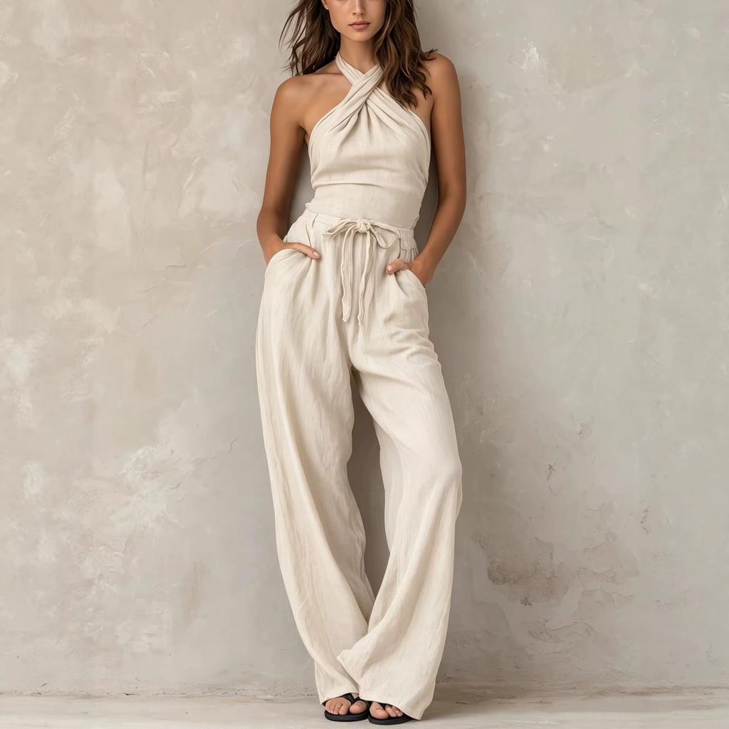 European and American new fashion Amazon sleeveless casual solid color neck jumpsuit women