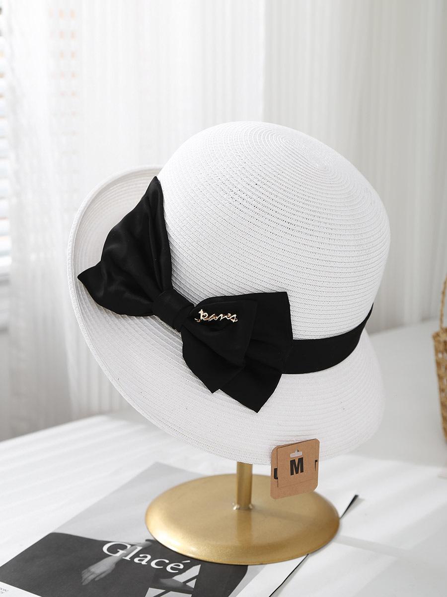 

2025 summer new woven basin hat fashion crimped sun hat satin bow summer sun hat Adjustable білий