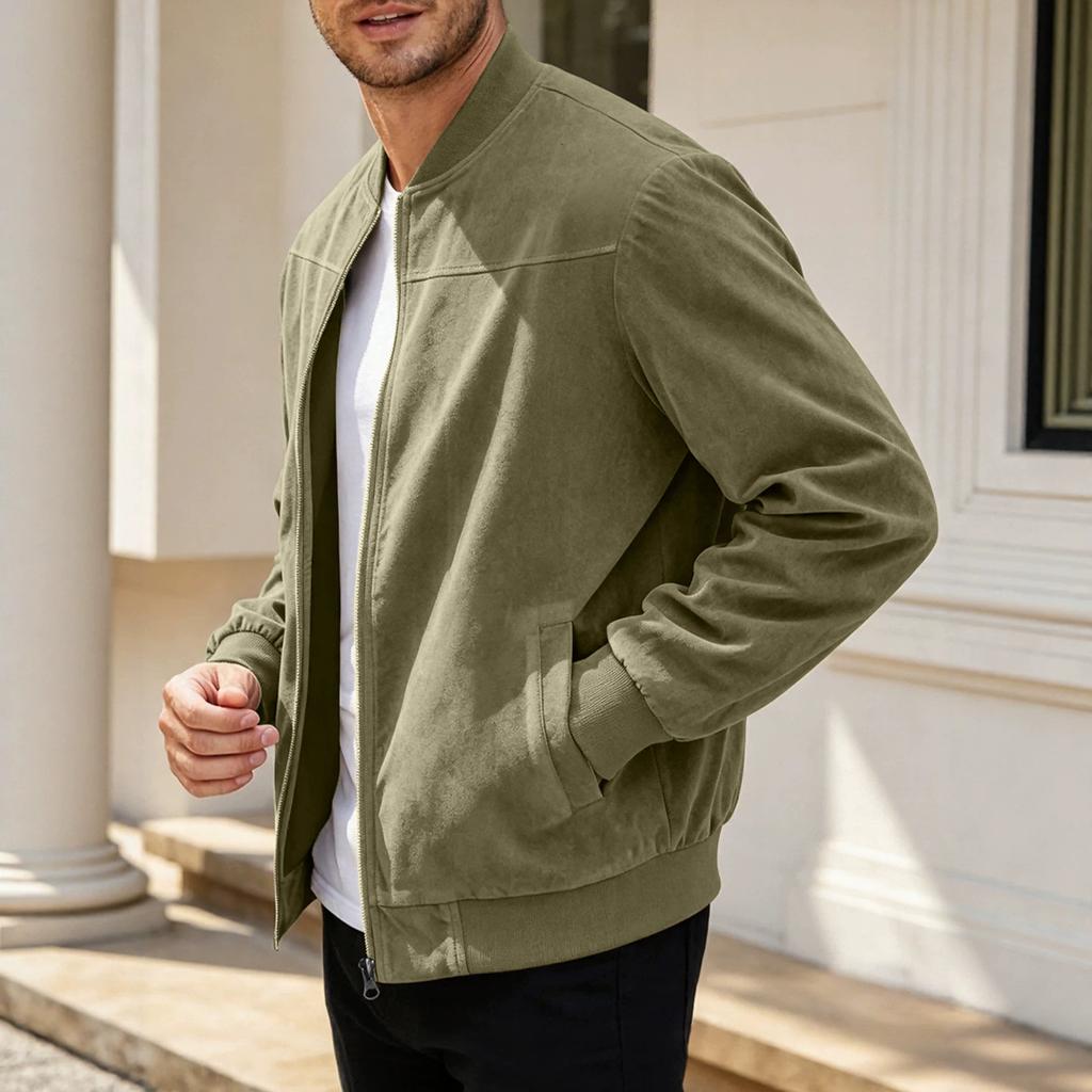 Herren einfarbige Wildleder-Reißverschlussjacke – Lässiger Retro-Stil Langarm-Strickjacke für den Herbst