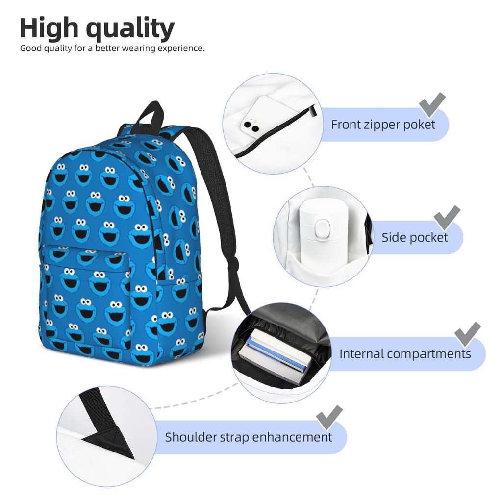 Sesames Streets Backpack Cool Student Hiking Travel Daypack Smiling Cookie Monster Pattern Laptop Computer Canvas Bags Durable