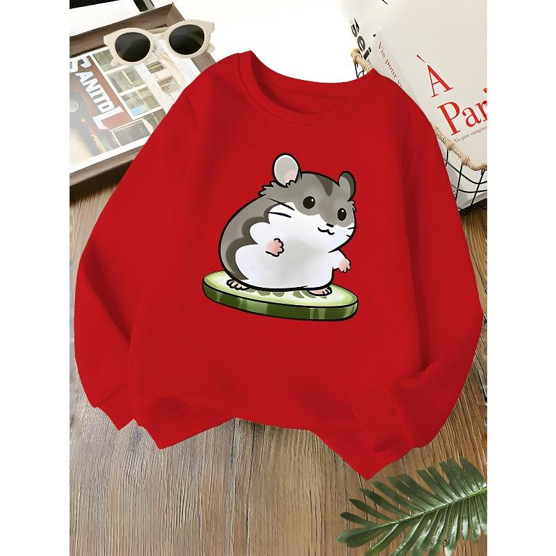 Kids Unisex Crewneck Sweatshirt, Cute Cartoon Hamster Cucumber Print Soft Fleece Long Sleeve Pullover For Boys Girls Over 4 Years Old