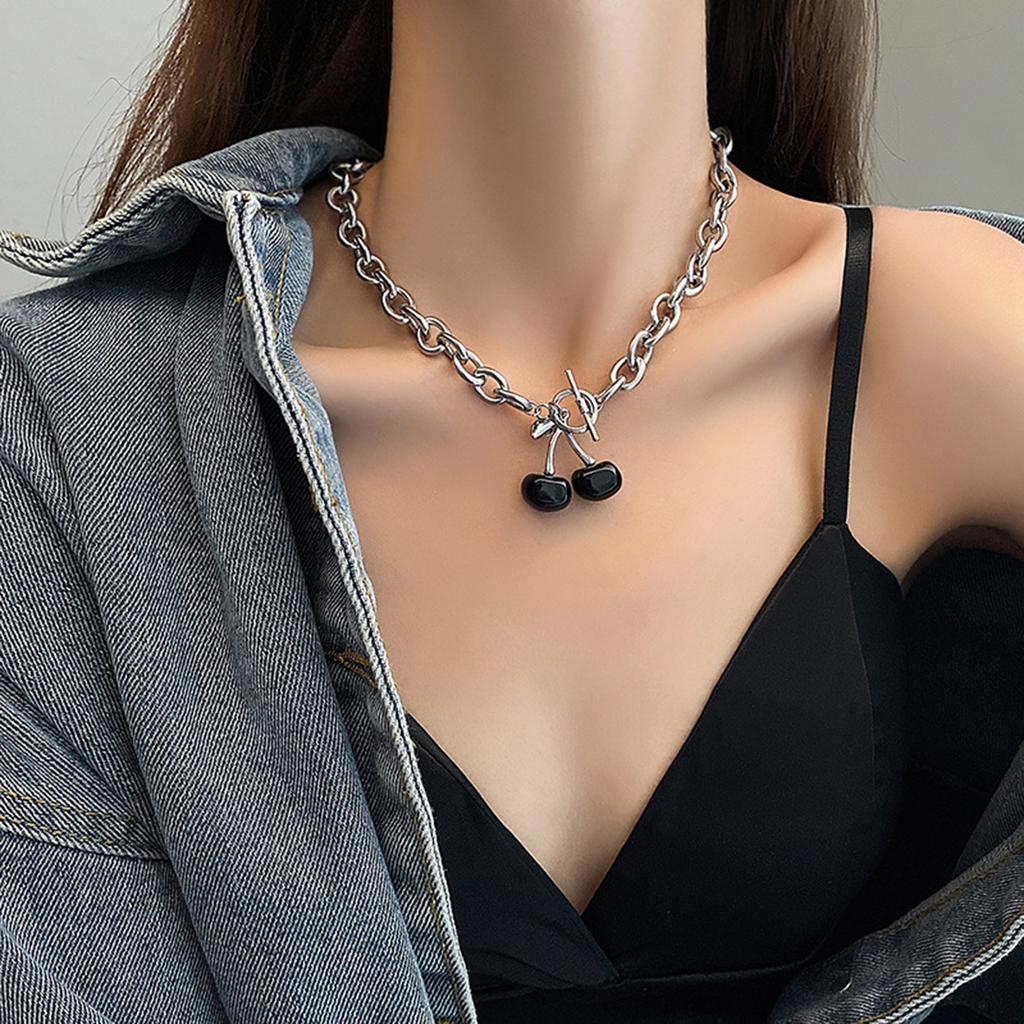 Dark Cherry Titanium Steel Necklace Ins Cold Wind Online Celebrity Clavicle Chain Female Hip-hop Punk Niche Simple Neck Chain